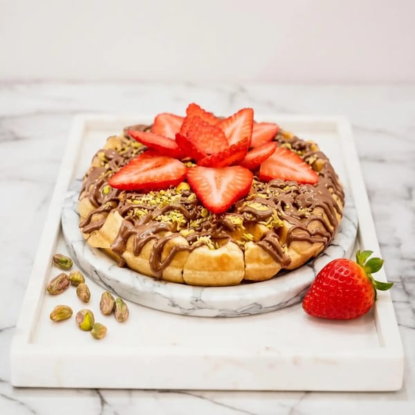 A waffle topped with chocolate drizzle, chopped pistachios, and sliced strawberries on a marble tray.