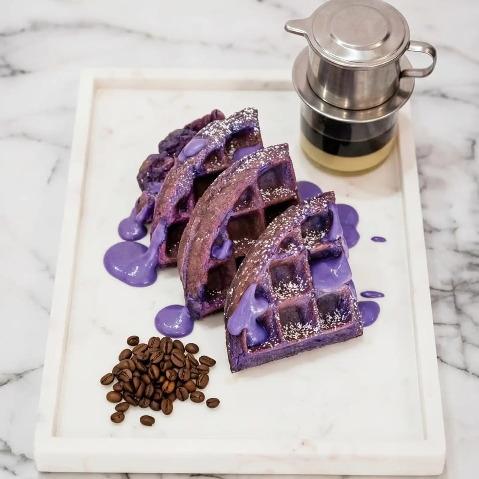 Purple ube waffles with powdered sugar and purple drizzle, coffee beans, and a Vietnamese coffee maker.