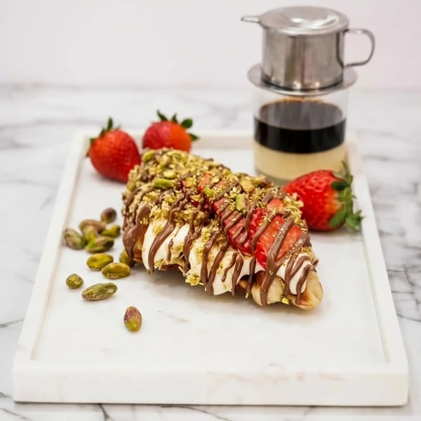 Croissant topped with strawberries, bananas, chocolate drizzle, pistachios, and a Vietnamese coffee.