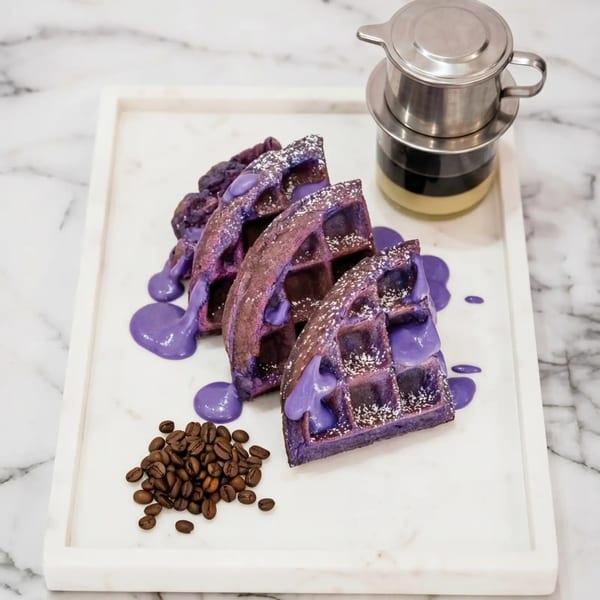 Purple ube waffles with powdered sugar and purple drizzle, coffee beans, and a Vietnamese coffee maker.